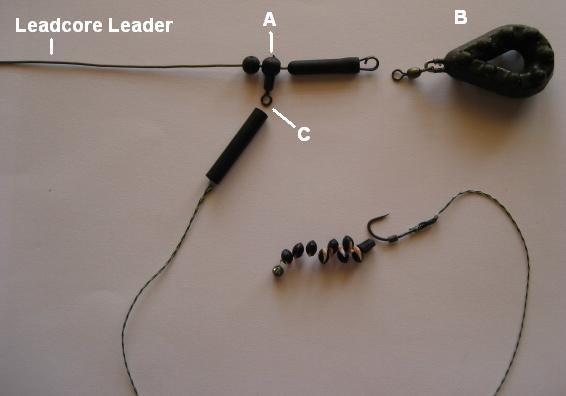 A detailed picture of Helicopter Carp Rig fixed onto leadcore leader